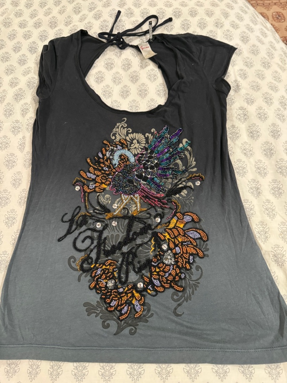 Vintage Guess Rhinestone and Beaded “Let Freedom Ring” beaded bird vintage top